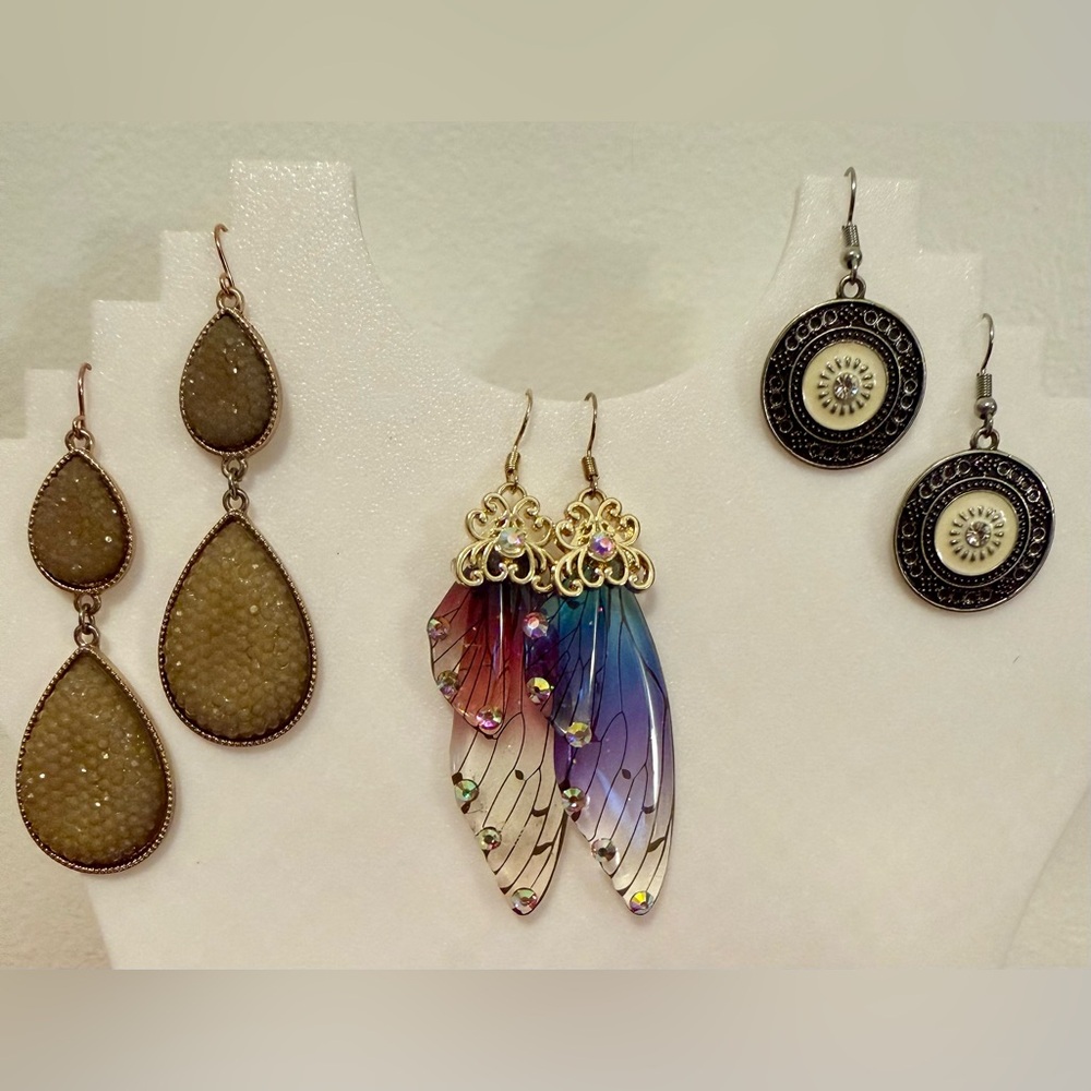 Colorful Wing and Teardrop Earrings Set 3 pairs NWOT